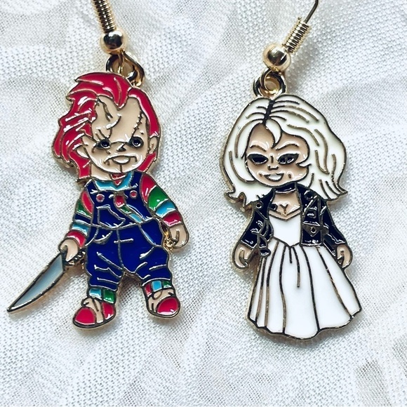 NWT Chucky & Tiffany Bride Of Horror Film Halloween Drop Dangle Earrings 🎃 - Picture 6 of 11